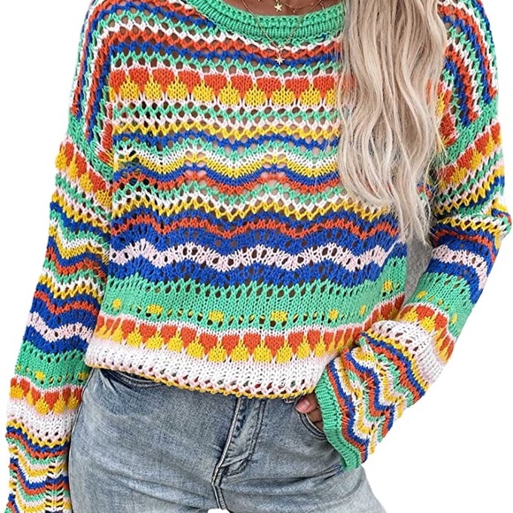 Women's Open Crochet Multi Hue Sweater sz medium bust 47" - Picture 2 of 5